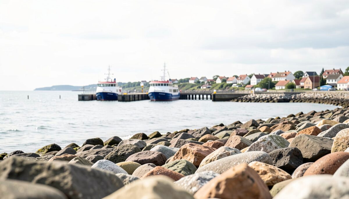 Rocky shoreline of a San Juan island with a ferry dock and village rooftops in the distance under a bright overcast sky