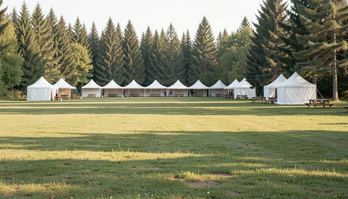 Wide grassy fairground with rows of white tents and picnic tables beside evergreens in soft afternoon light