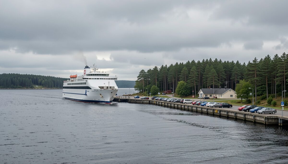 Large white ferry approaching a wooded island dock with cars waiting in the holding lanes under a grey sky