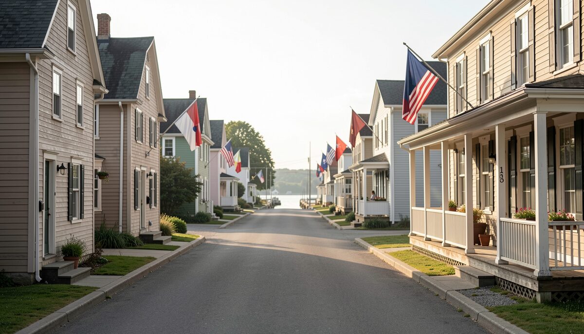 Quiet harbour town street lined with historic halls and flags hanging from porches on a calm morning