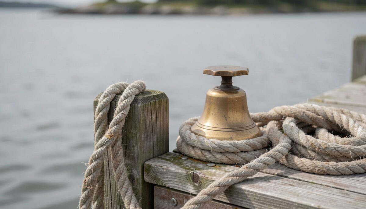 Weathered wooden dock cleats with coiled mooring ropes and a brass ship bell on a small island pier above grey water