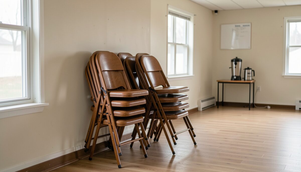 Stack of folding wooden chairs and a coffee urn against a pale wall inside an empty small town community hall