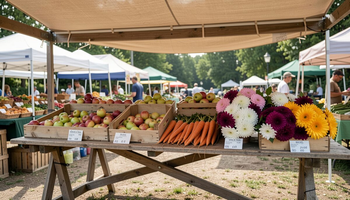 Wooden crates of apples, carrots and cut dahlias on a trestle table under the canvas awning of an island market
