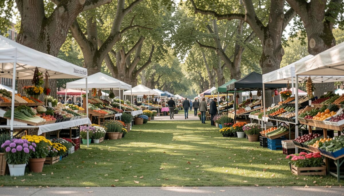 Outdoor market stalls with vegetables and cut flowers around a grassy square bordered by old trees