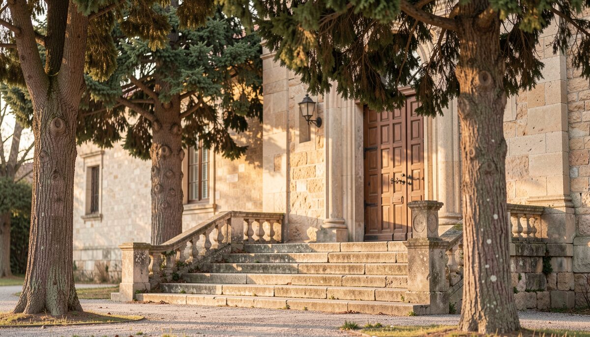 Stone steps outside a historic hall with closed wooden doors framed by tall trees in late afternoon light