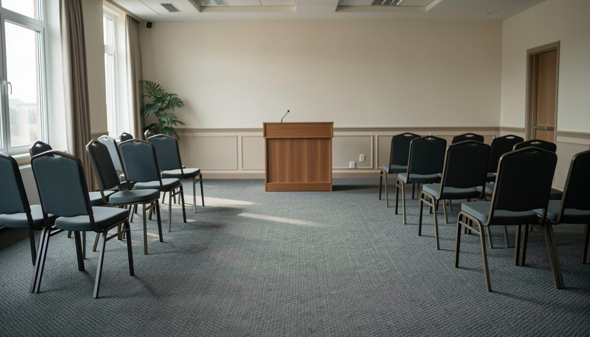 Empty meeting room with a patterned carpet and chairs arranged around a podium in soft window light