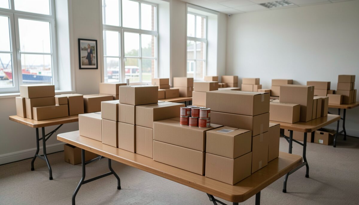 Plain cardboard boxes of tinned food stacked on folding tables in a bright community room with harbour light