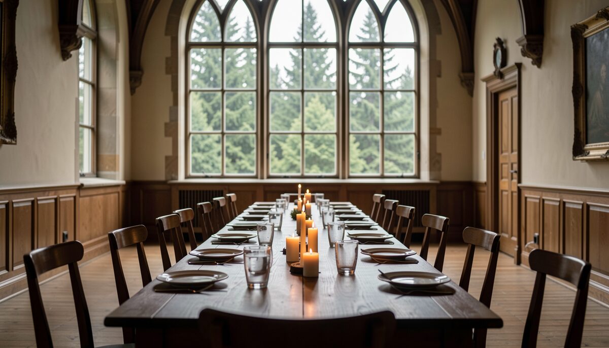 Long dining table set with candles and plain plates in a historic hall with tall windows overlooking evergreens