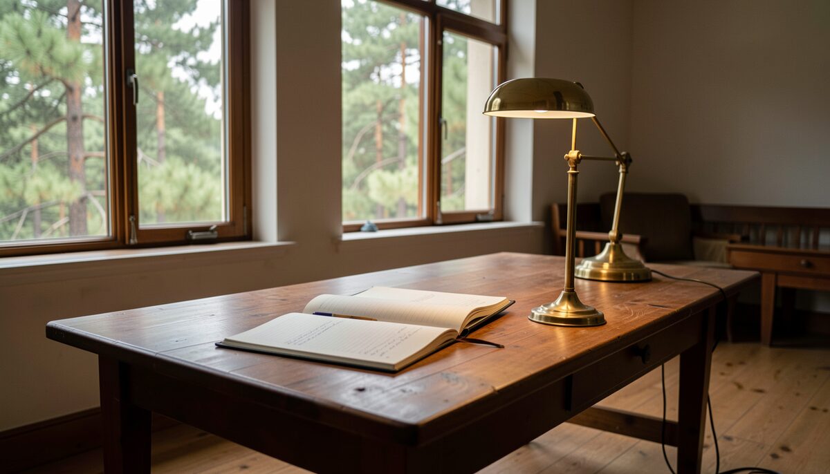 Long wooden table with an open appointment book and a brass desk lamp in a quiet hall with windows facing pine trees