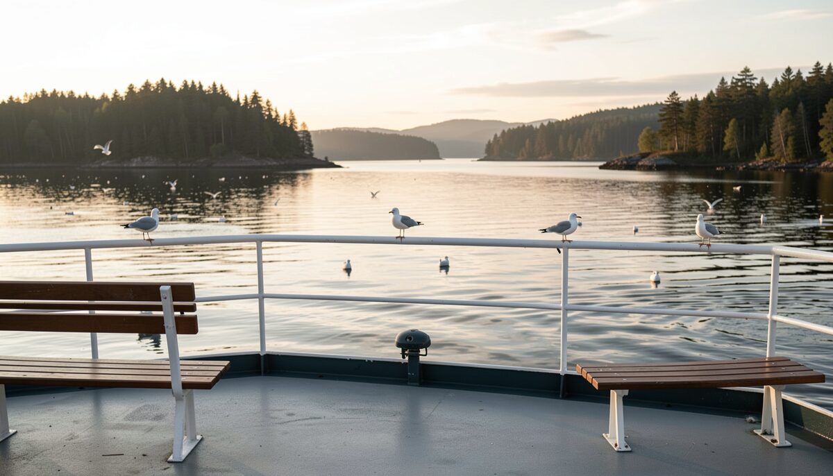 View from a ferry deck at sunrise toward forested islands, gulls on the rail and empty benches on calm water