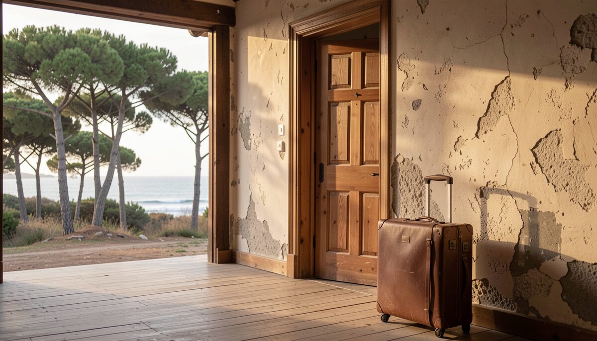 Travel suitcase standing beside the wooden doorway of an old hall with coastal pines visible outside