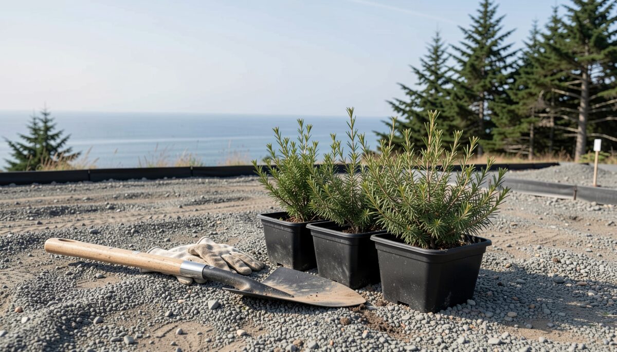 Gardening gloves, a spade and black nursery pots of native shrubs on the gravel of a coastal trail restoration site